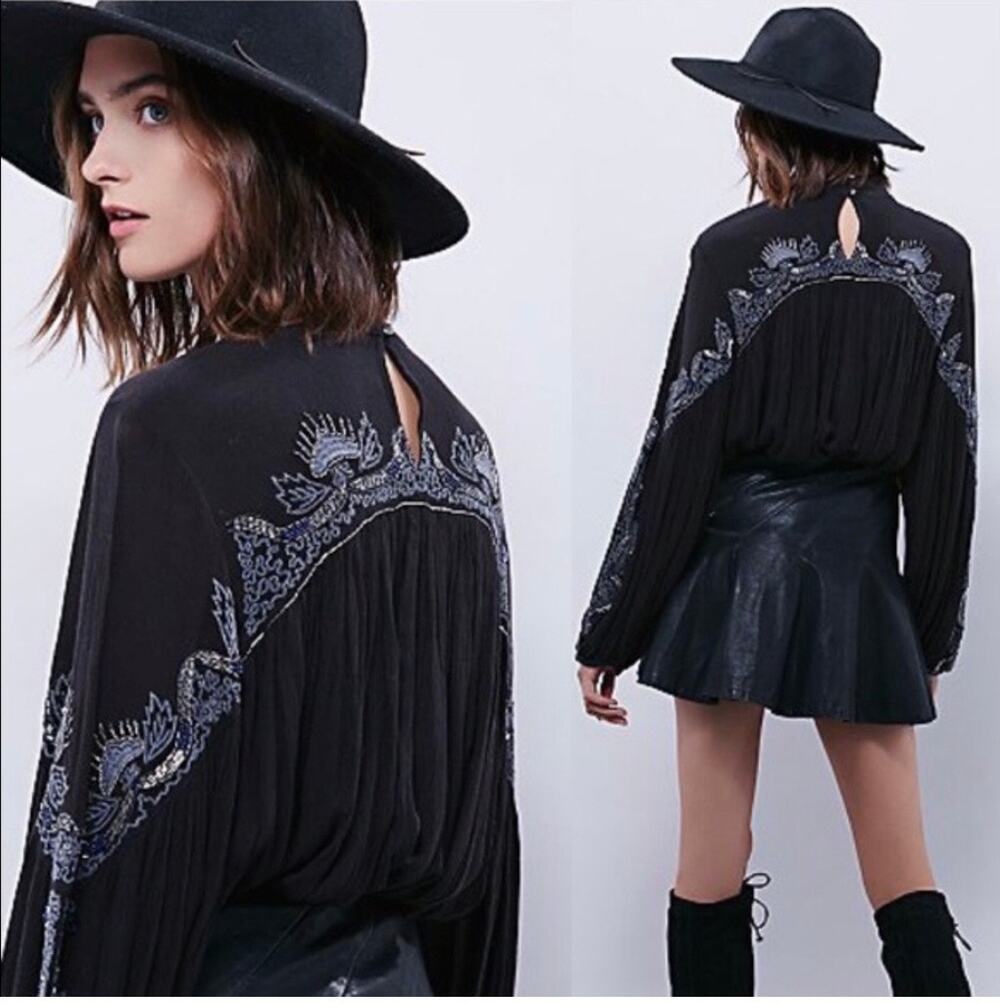 Free People Sweet Fantasy  Black Beaded High Low Tunic Blouse small